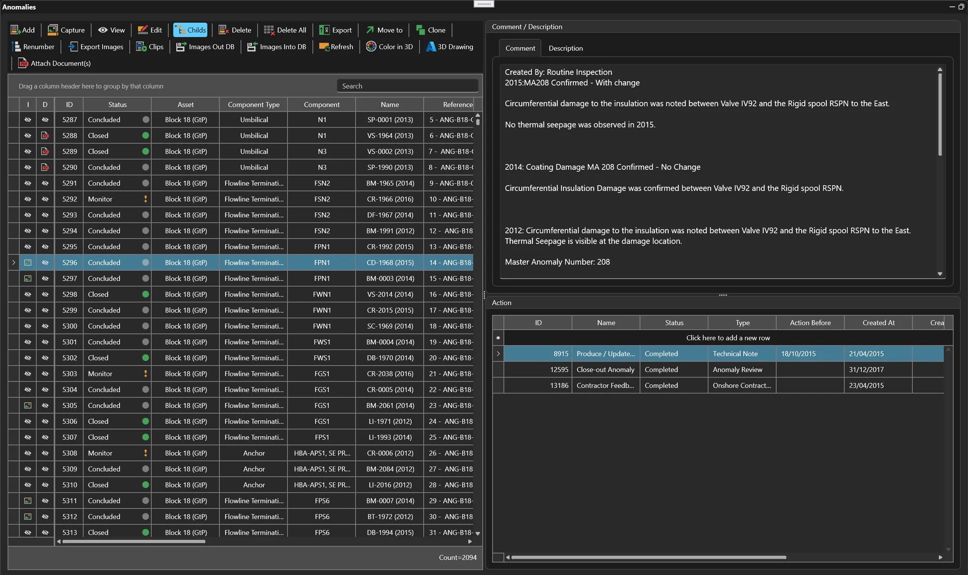 AIS Anomaly Management view showing inspection history, anomaly status and follow-up actions