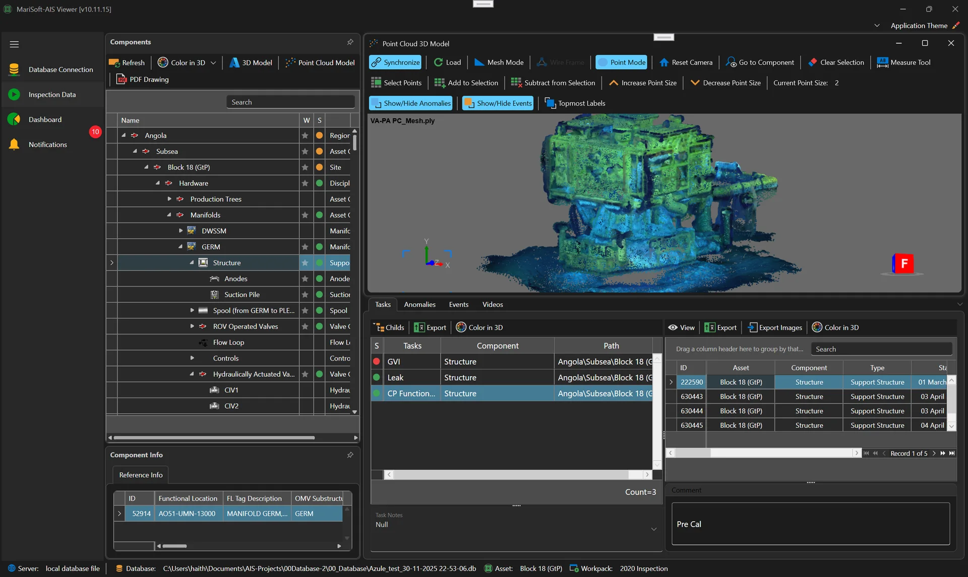 AIS Desktop Viewer displaying an asset point cloud and inspection records