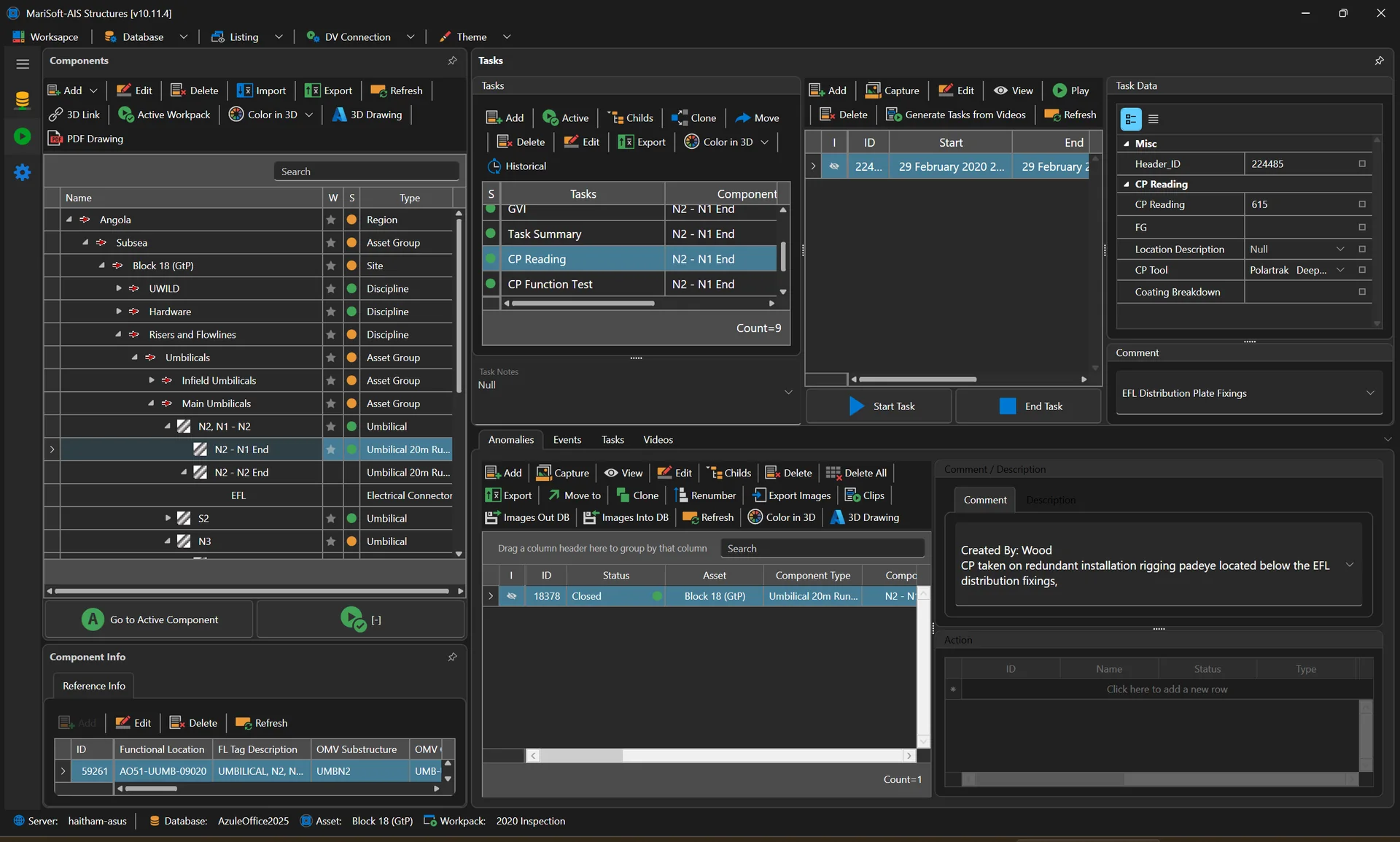 AIS Structures module with components, tasks, task data and anomalies
