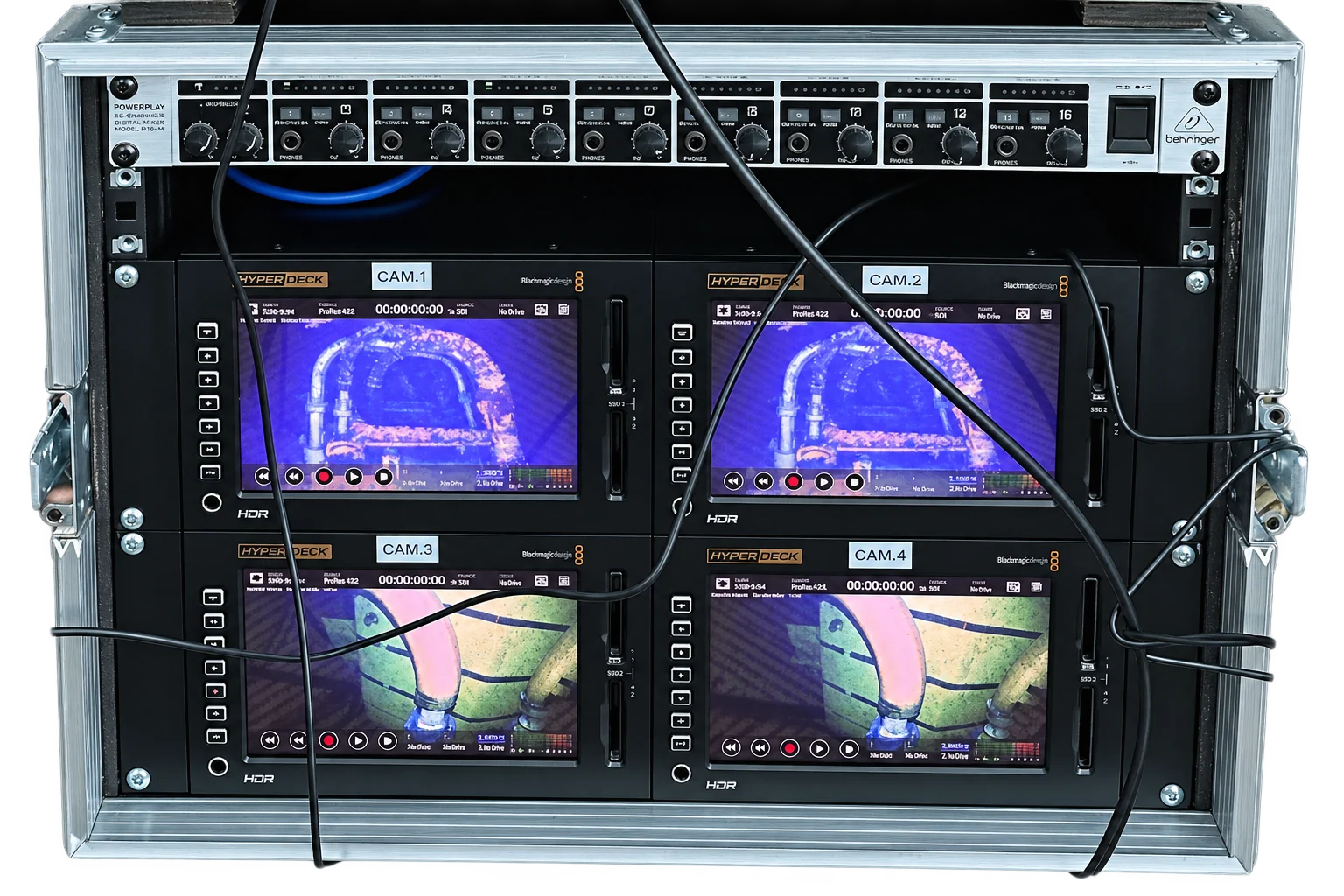 Four camera recording units displaying subsea inspection feeds